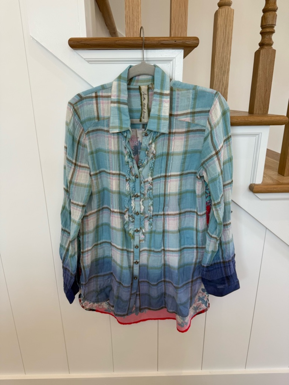 Aratta Silent Journey Ombré Plaid & Floral Boho Button Down Tunic Top xs